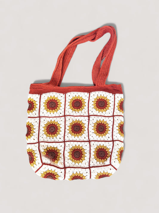 White - Yellow Flower - Brown Line Bag