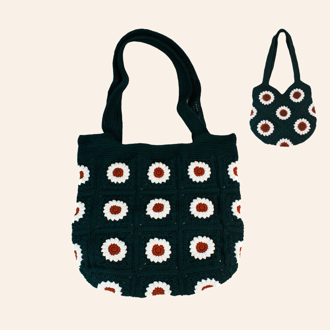 Dark Green - White Flower Bag